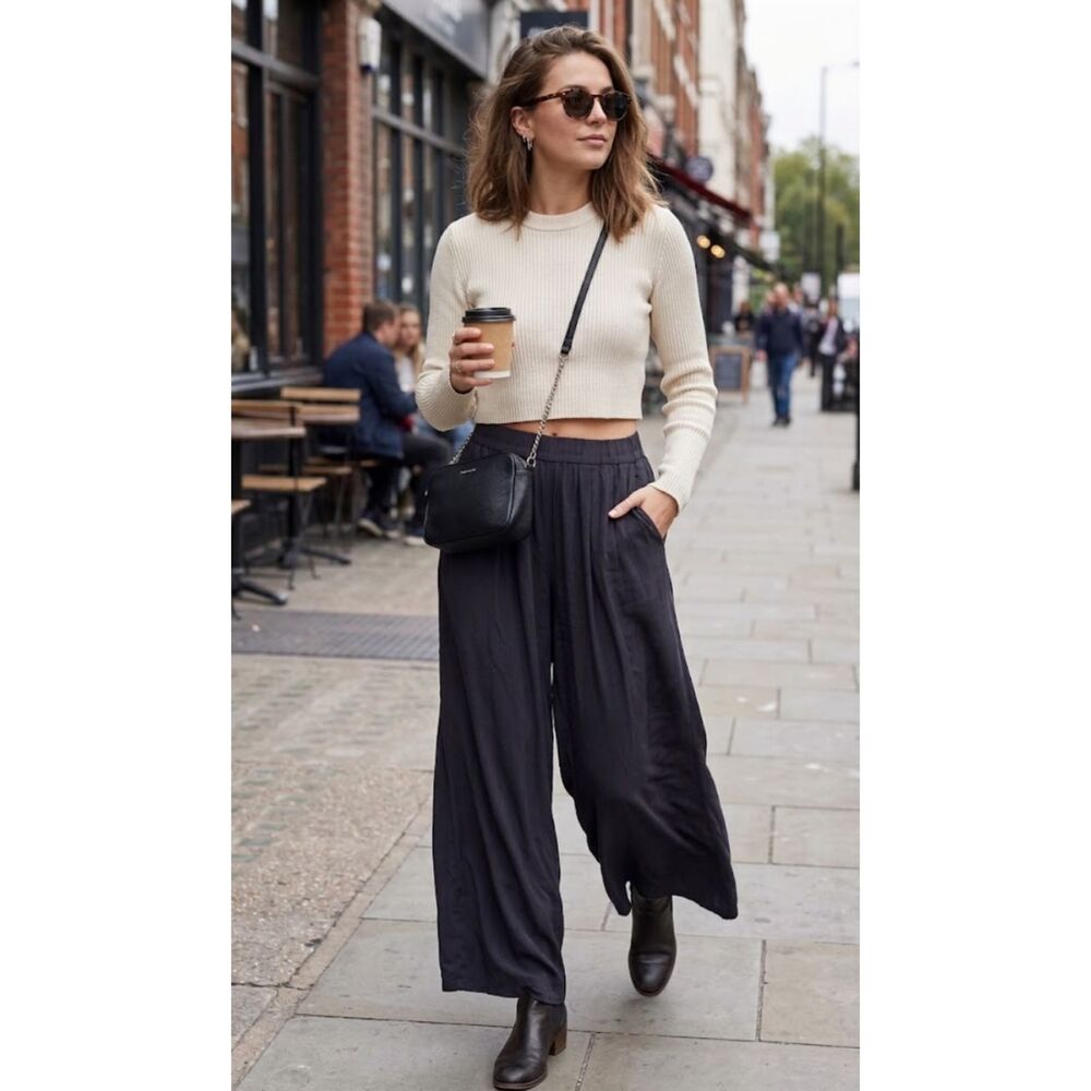H&M Wide Leg High Waist Pull On Flowy Pants Black Women's Size 4